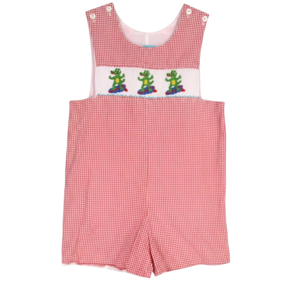 CLAIRE & CHARLIE Red GINGHAM Button ALLIGATORS ON SKATEBOARDS Smocked ROMPER 24M